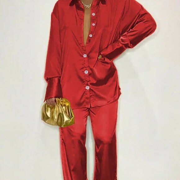 Tops - Red Casual Women's Long-Sleeved Satin Lapel Shoulder-Sleeved Shirt And Pants Set